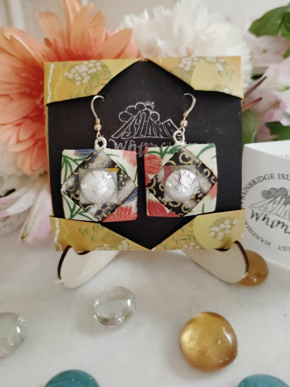 Floral Origami Tile Paper Earrings, Silver Foil Glass Cab, Handmade OAK